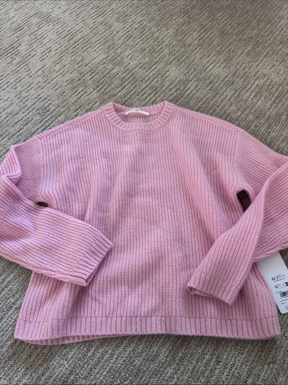 ALO Yoga Wool Cashmere Ribbed Noble Crewneck Sweater in Pink Marshmallow